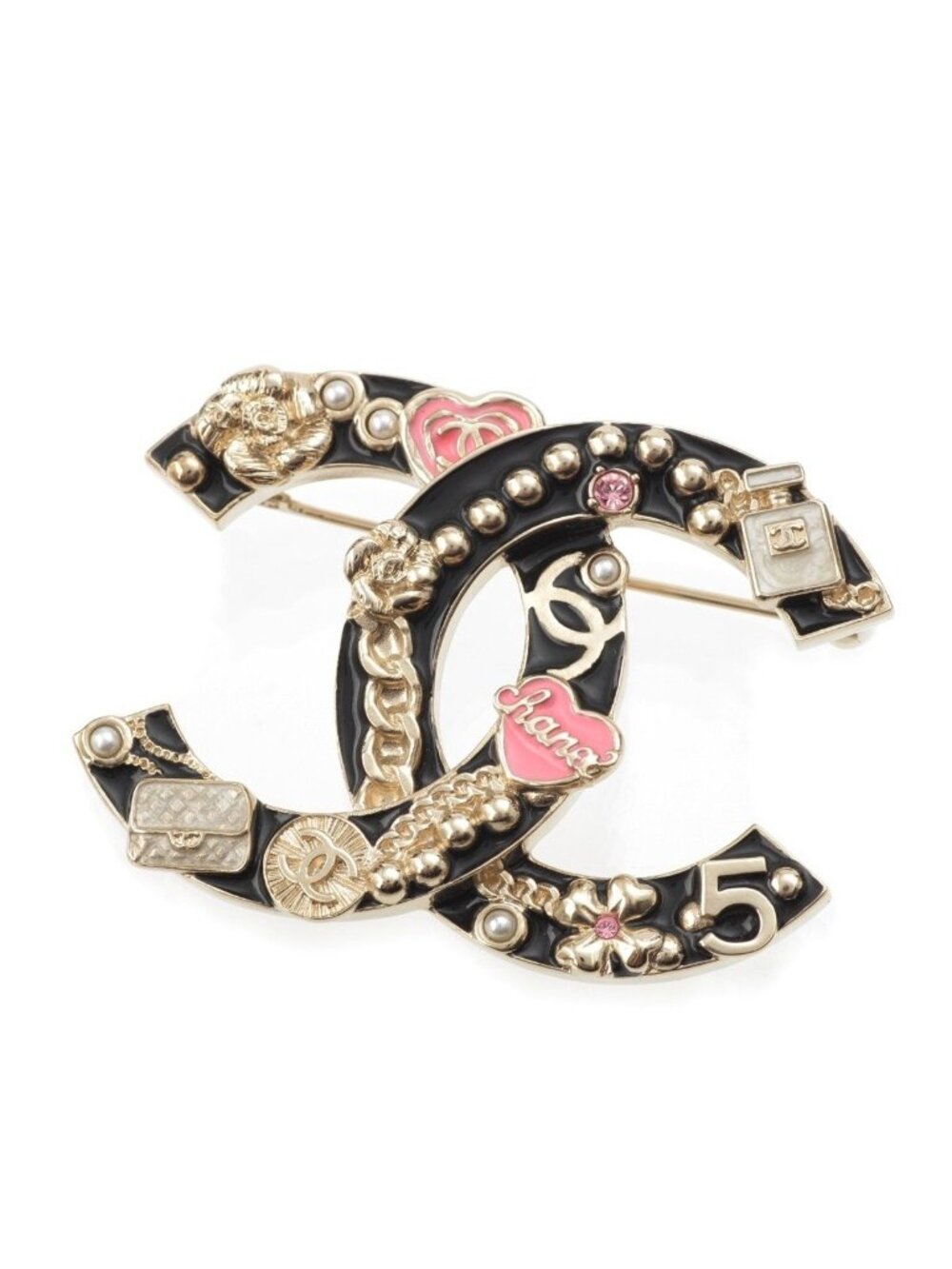 Chanel Metal Pearl CC Logo Icon No 5 Quilted Brooch Black Gold